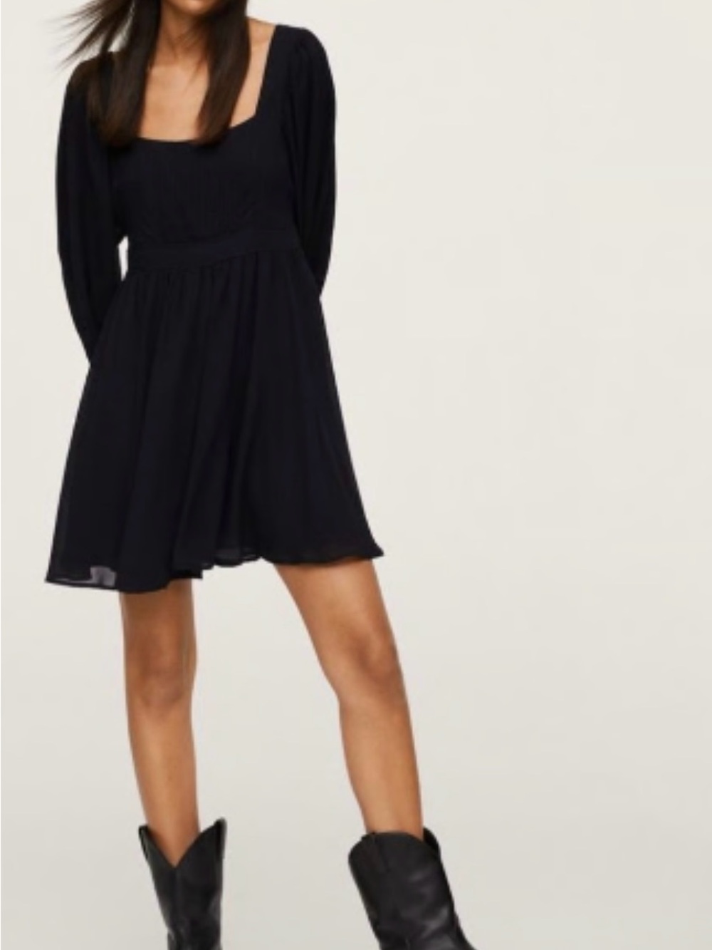 Mango Black Square-Neck Long-Sleeve Mini Dress
